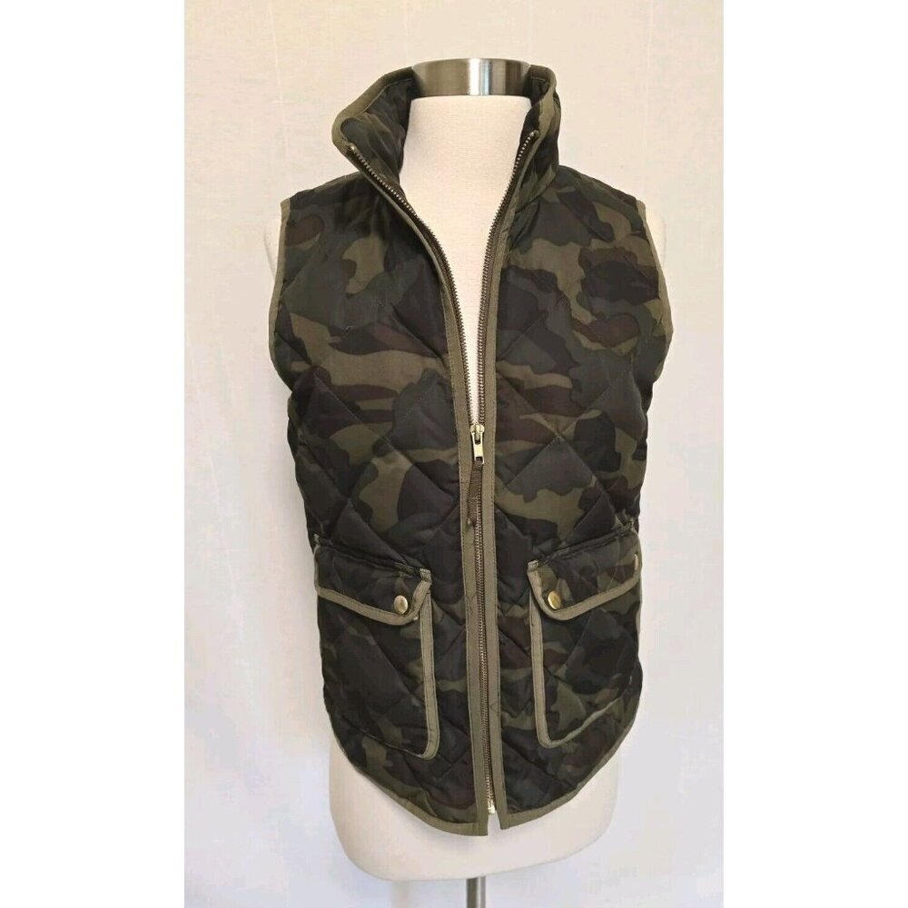 J. Crew Womens XS Green Camo Camouflage Goose Down Puffer Vest Full Zip